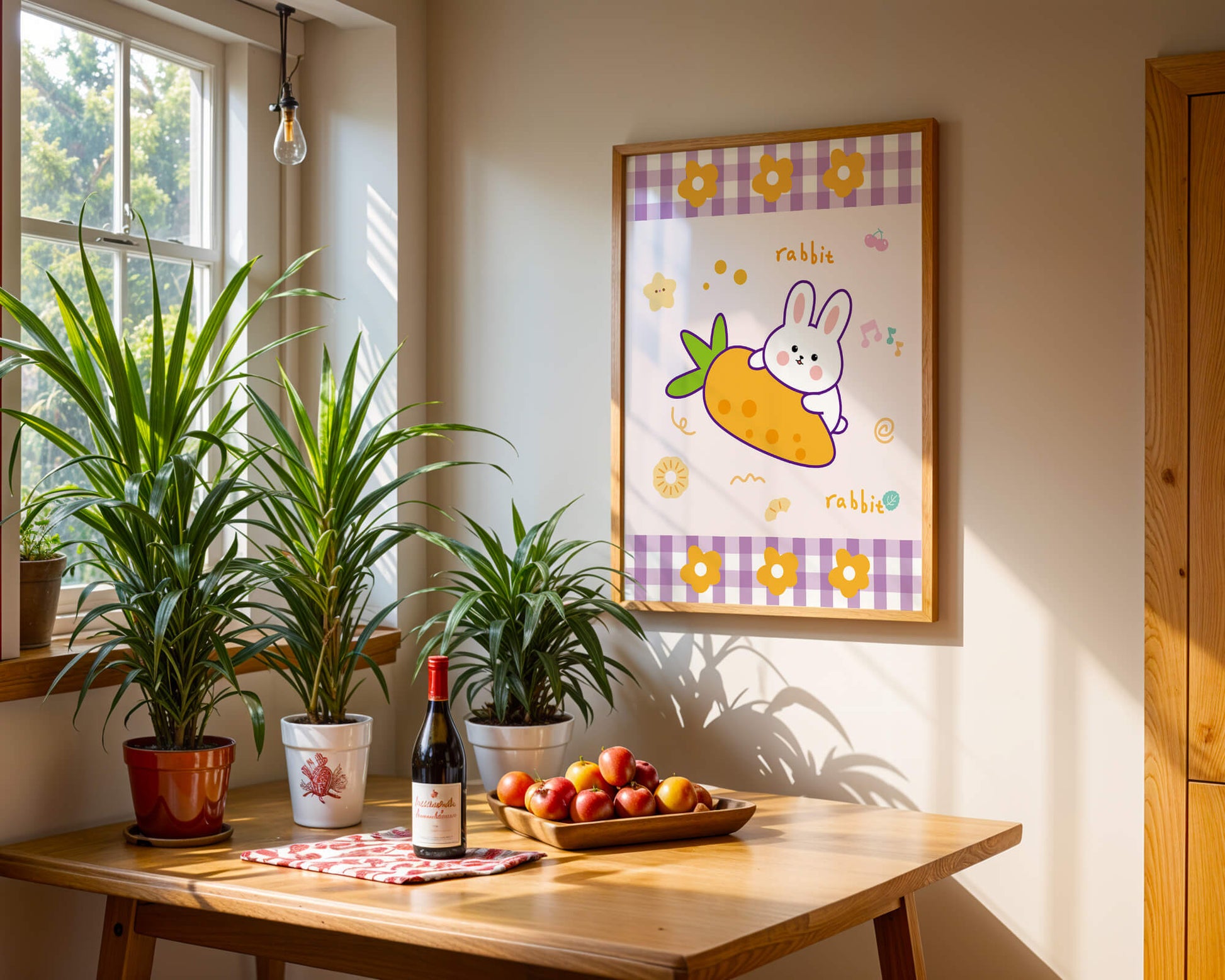 Illustrated cute rabbit with carrot on a colorful background