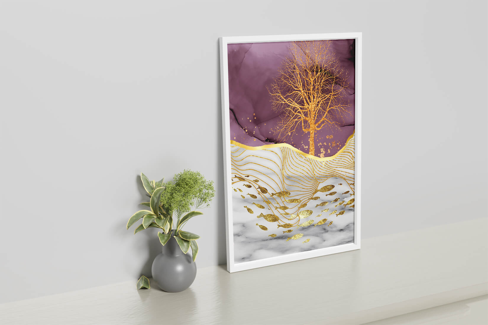 Abstract Tree with Gold Fish on Marble Background