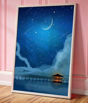 Serene Night Sky with Crescent Moon, Stars, and Pier Over Water
