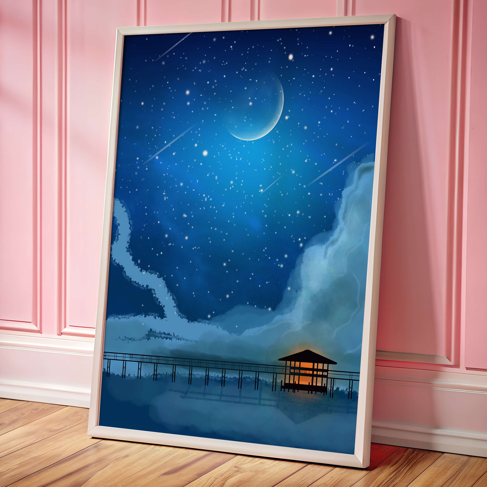 Serene Night Sky with Crescent Moon, Stars, and Pier Over Water