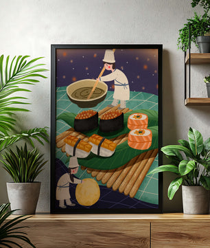 Ilustración juguetona de chefs preparando sushi en un paisaje imaginario