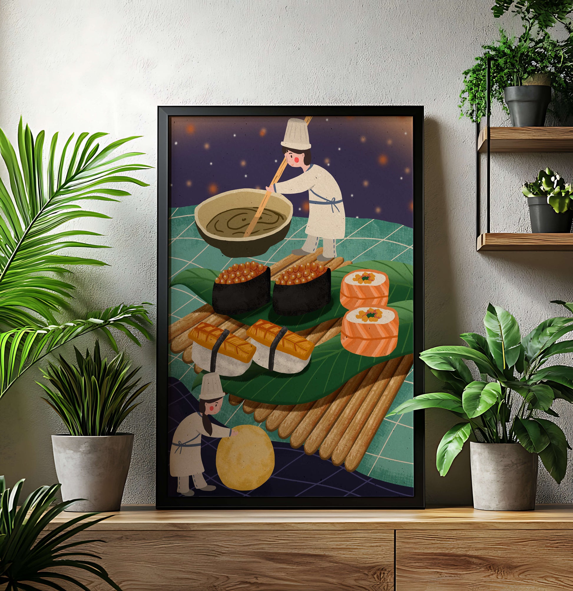 Ilustración juguetona de chefs preparando sushi en un paisaje imaginario