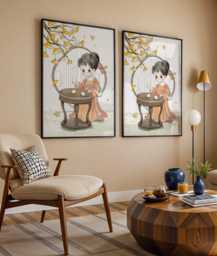 Charmante illustration d'une fille en tenue traditionnelle avec des feuilles de ginkgo