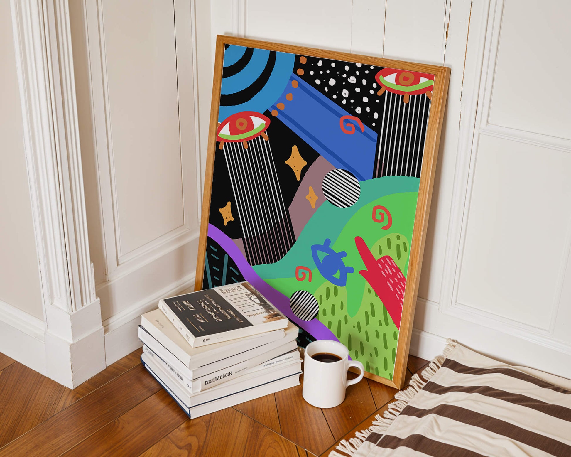 Œuvre d'art psychédélique abstraite colorée avec des formes géométriques et des yeux