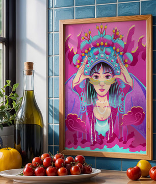 Ilustración colorida de una mujer con traje tradicional y tocado ornamental