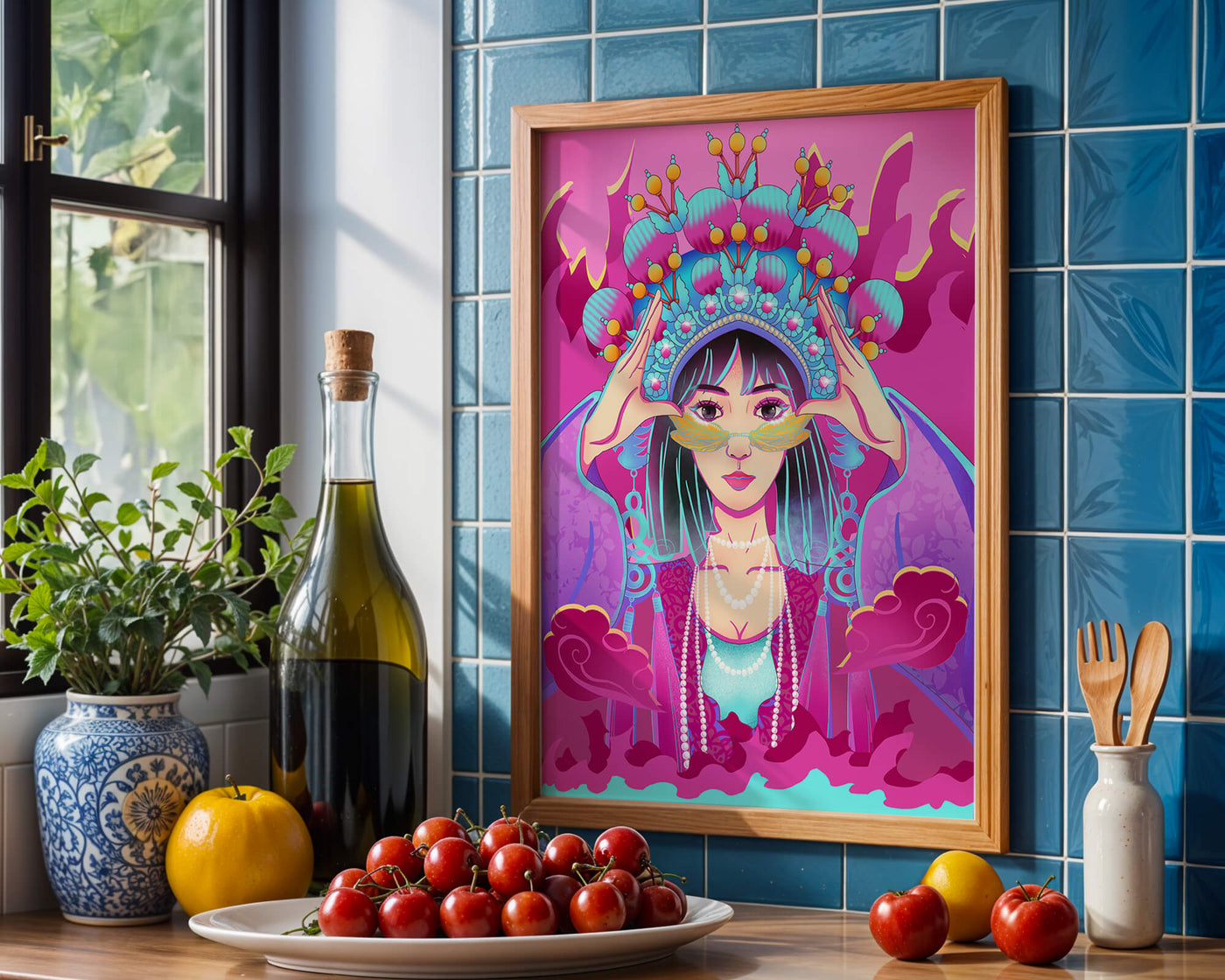 Colorful illustration of a woman in traditional costume with ornate headpiece