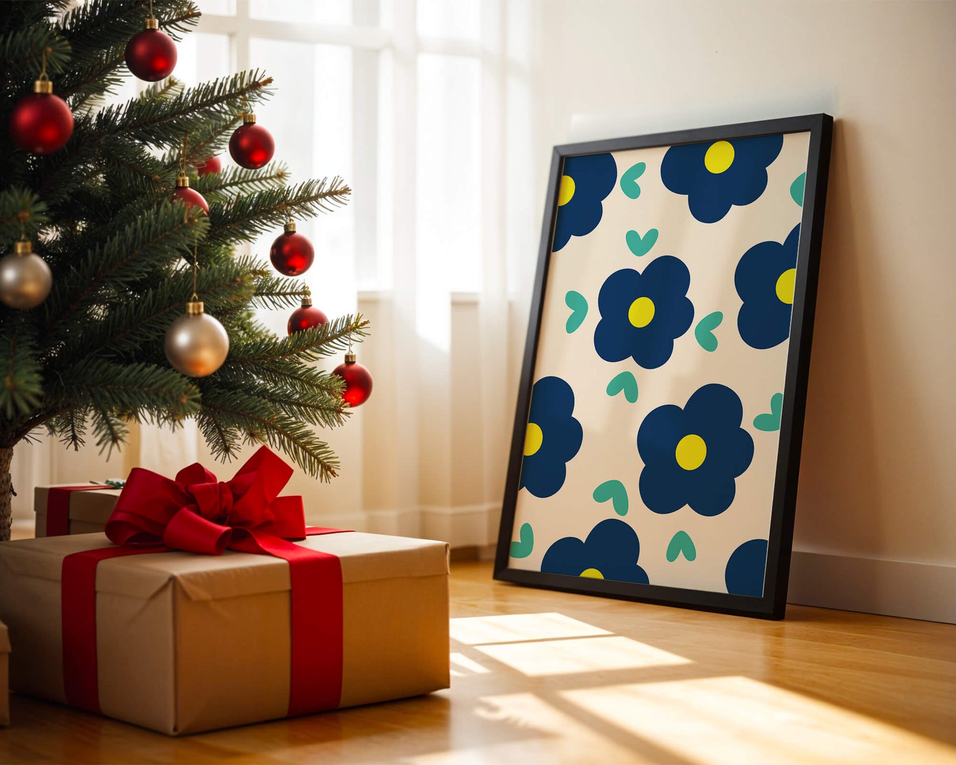 Blue floral pattern with yellow centers on cream background