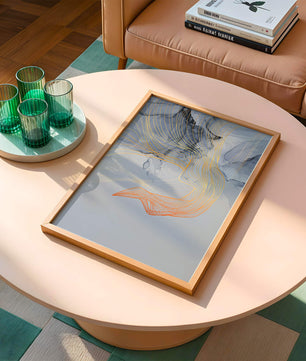 Elegantes abstraktes Design mit fließenden goldenen und orangefarbenen Linien auf blauem Hintergrund