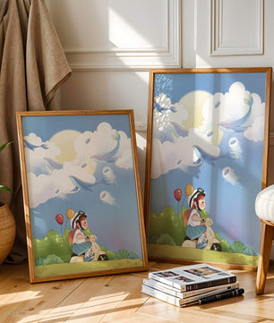 Whimsical illustration of a child riding a scooter with floating whales and balloons