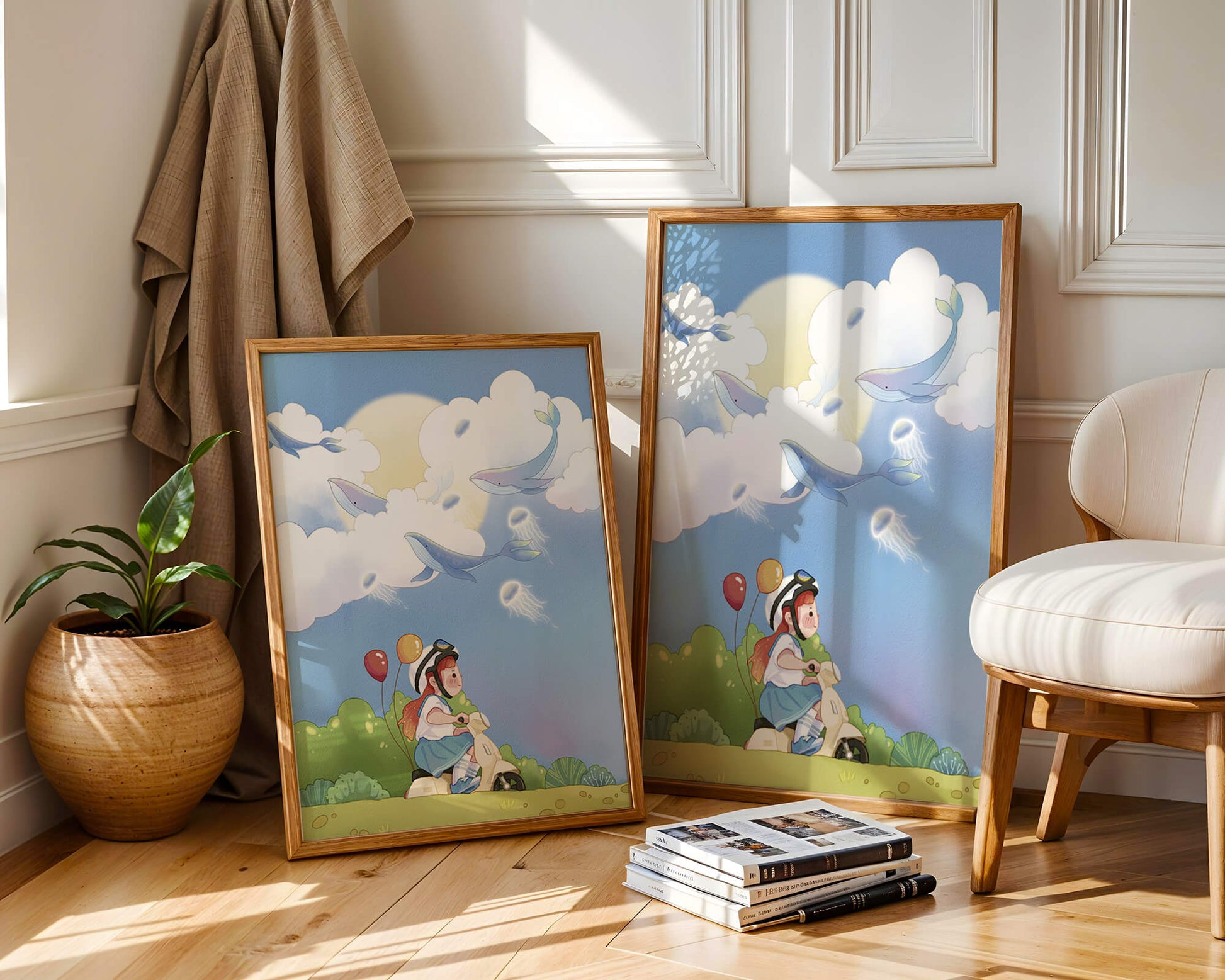 Whimsical illustration of a child riding a scooter with floating whales and balloons