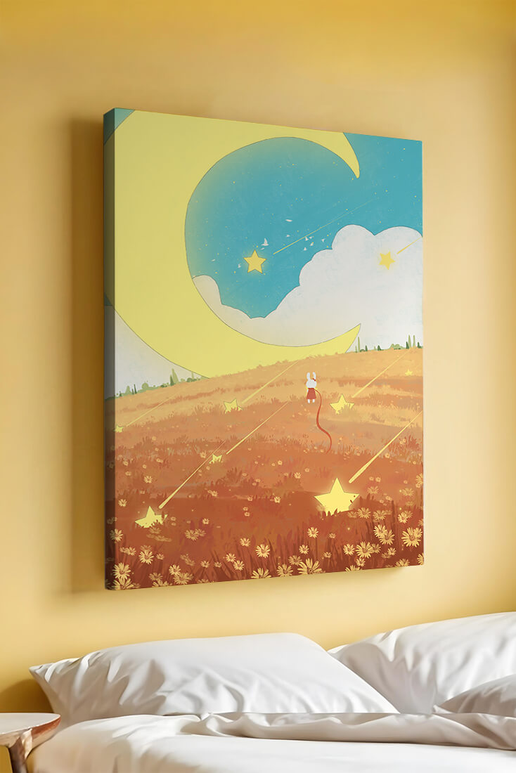 Dreamy Nighttime Landscape with Moon and Stars in a Field