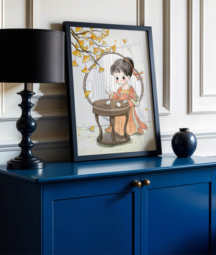 Charmante illustration d'une fille en tenue traditionnelle avec des feuilles de ginkgo