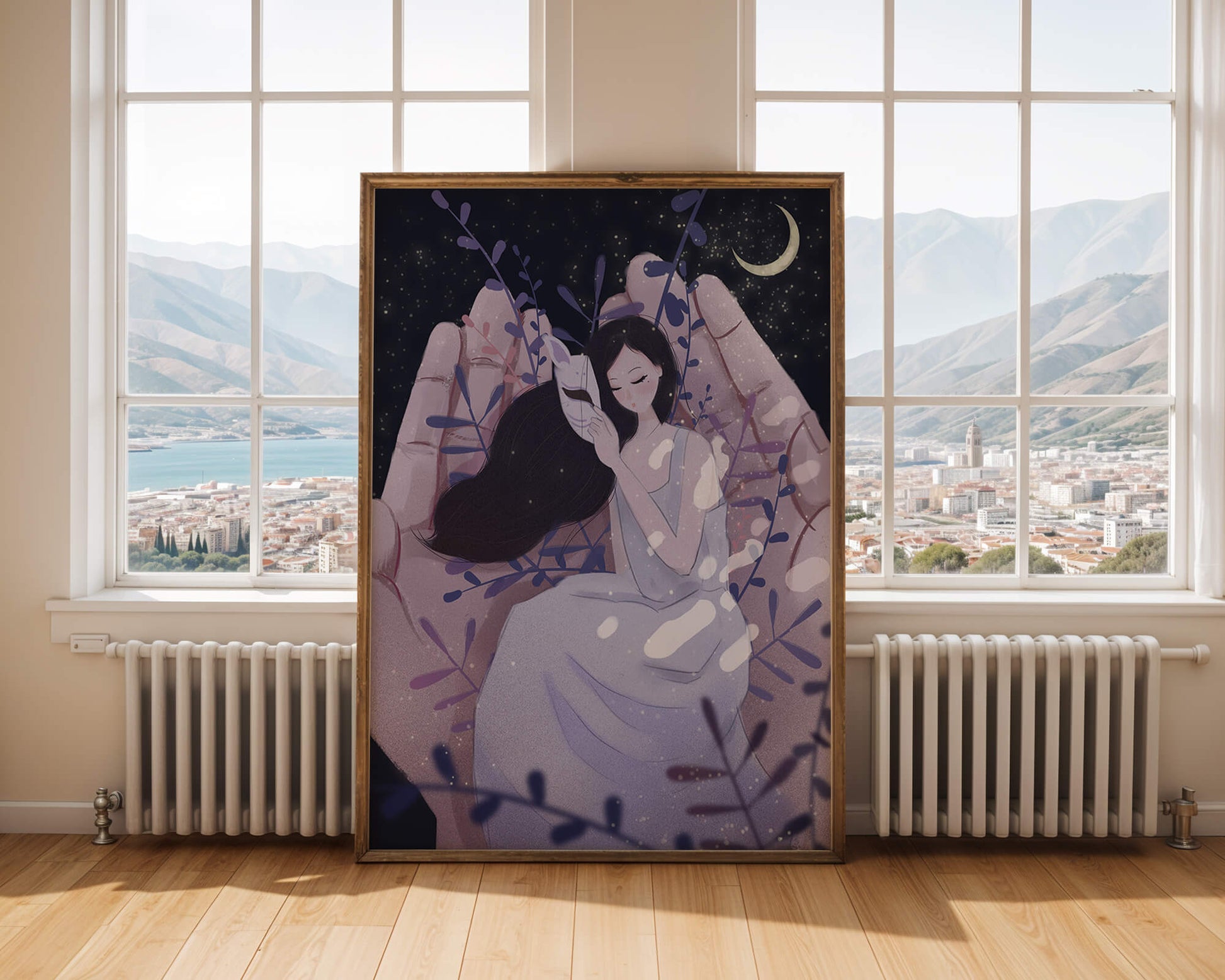 Un momento tierno bajo la luz de la luna con máscara y atmósfera onírica