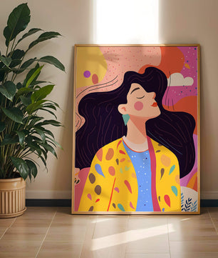 Ilustración colorida de una mujer en estilo artístico con fondo vibrante