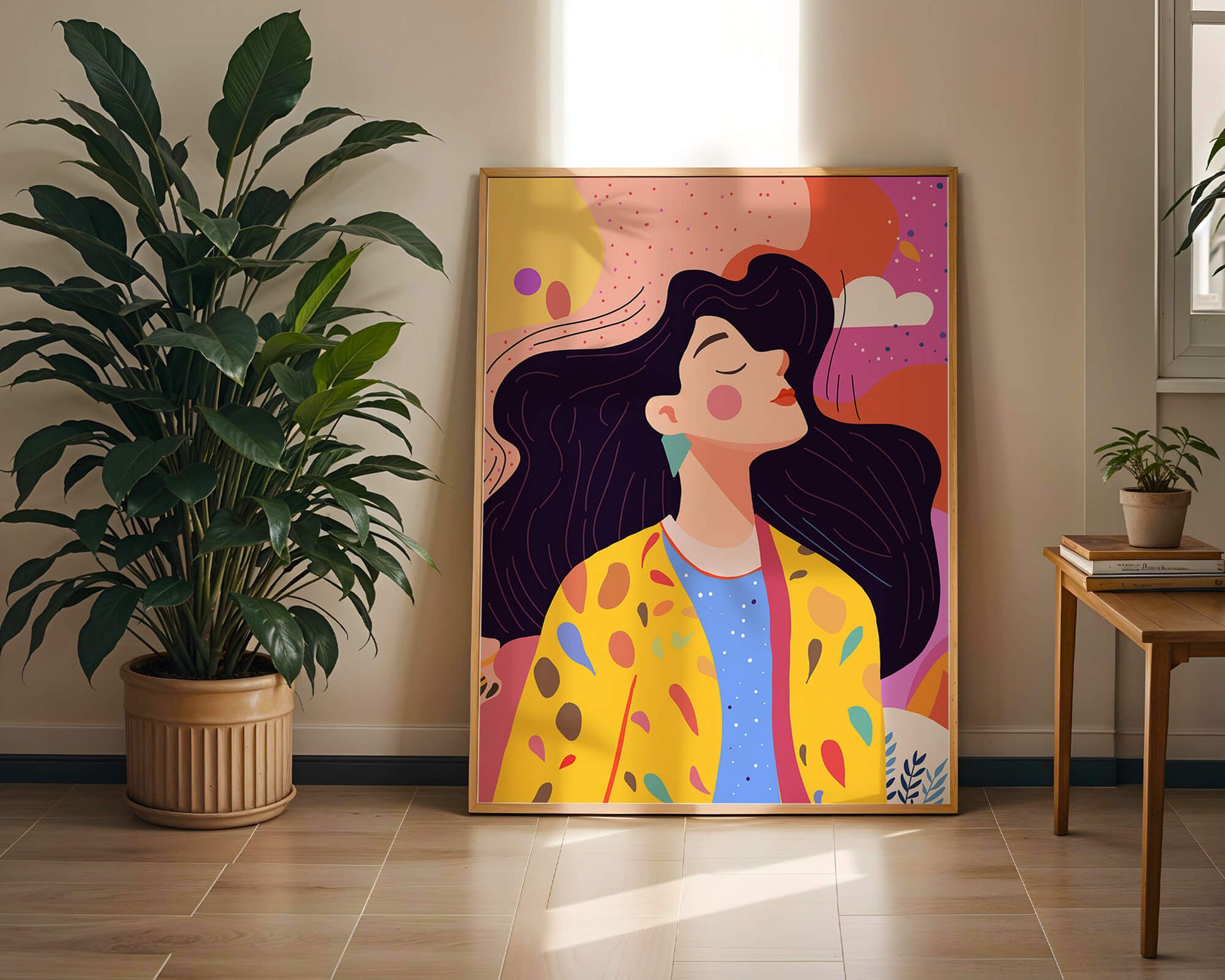 Ilustración colorida de una mujer en estilo artístico con fondo vibrante