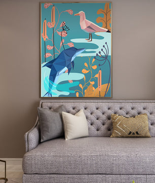 Geometric Dolphin and Seagull with Floral Elements in Abstract Nature