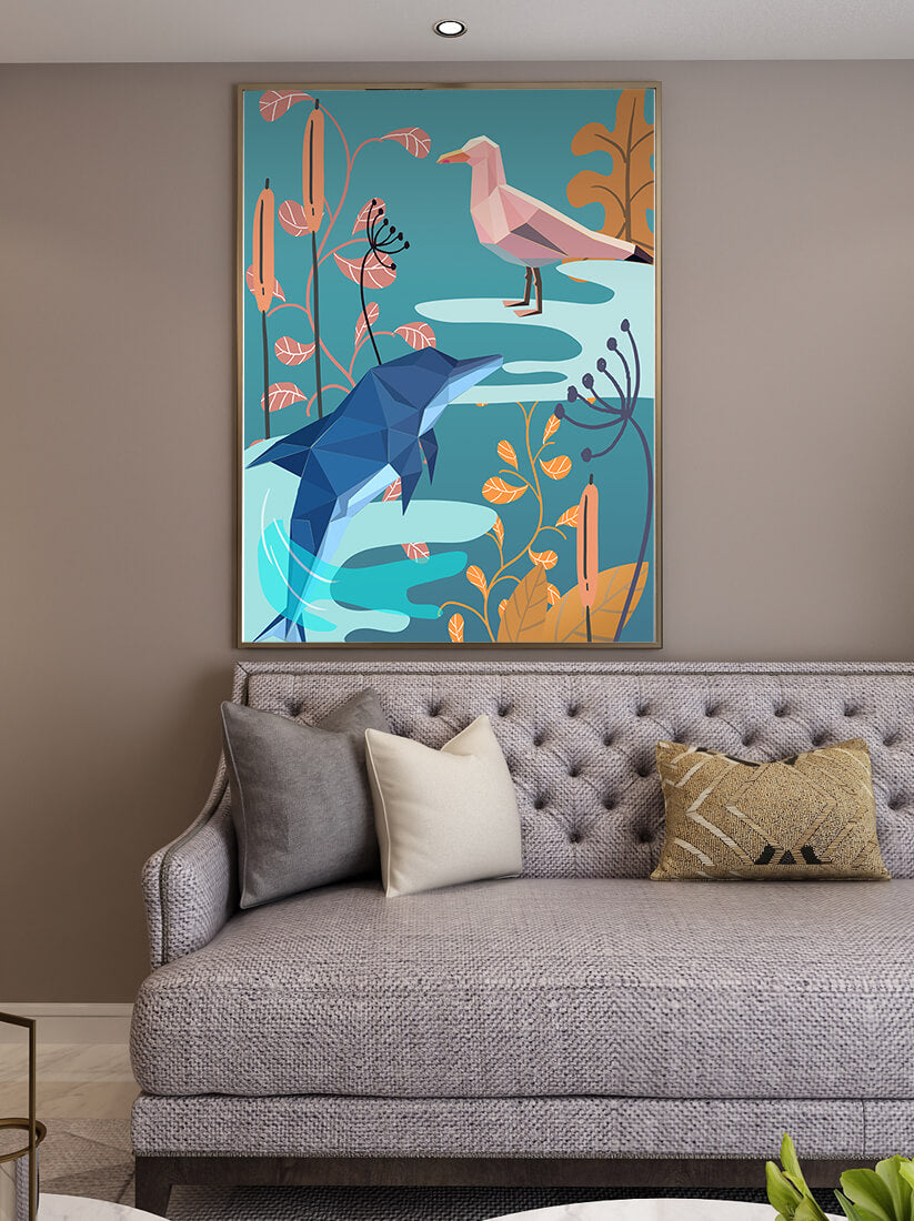 Geometric Dolphin and Seagull with Floral Elements in Abstract Nature