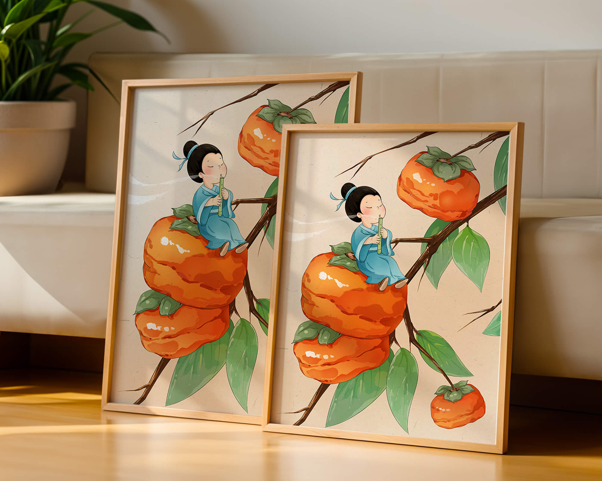 Child playing flute on persimmon-filled tree in whimsical illustration