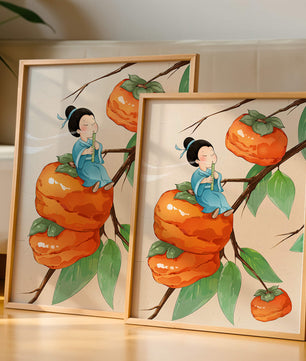 Child playing flute on persimmon-filled tree in whimsical illustration