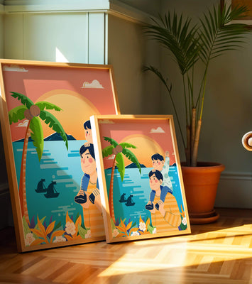 Father and son enjoying a tropical sunset with palm trees and boats