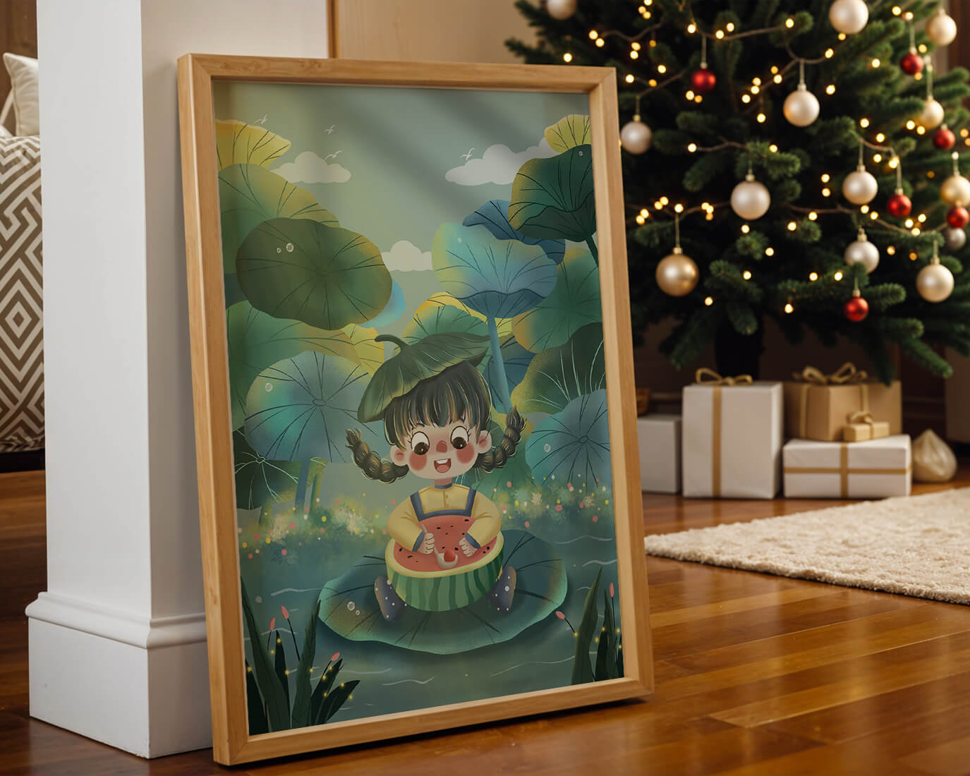 Charming illustration of a child enjoying watermelon amidst whimsical nature