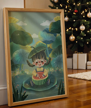 Charming illustration of a child enjoying watermelon amidst whimsical nature