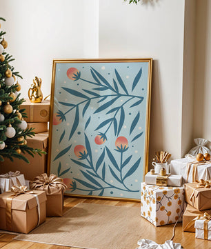 Abstract botanical pattern with colorful flowers and leaves on light blue background