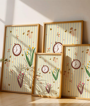 Skurriles Muster mit Uhr, Pilzen und Blumen auf gestreiftem Hintergrund