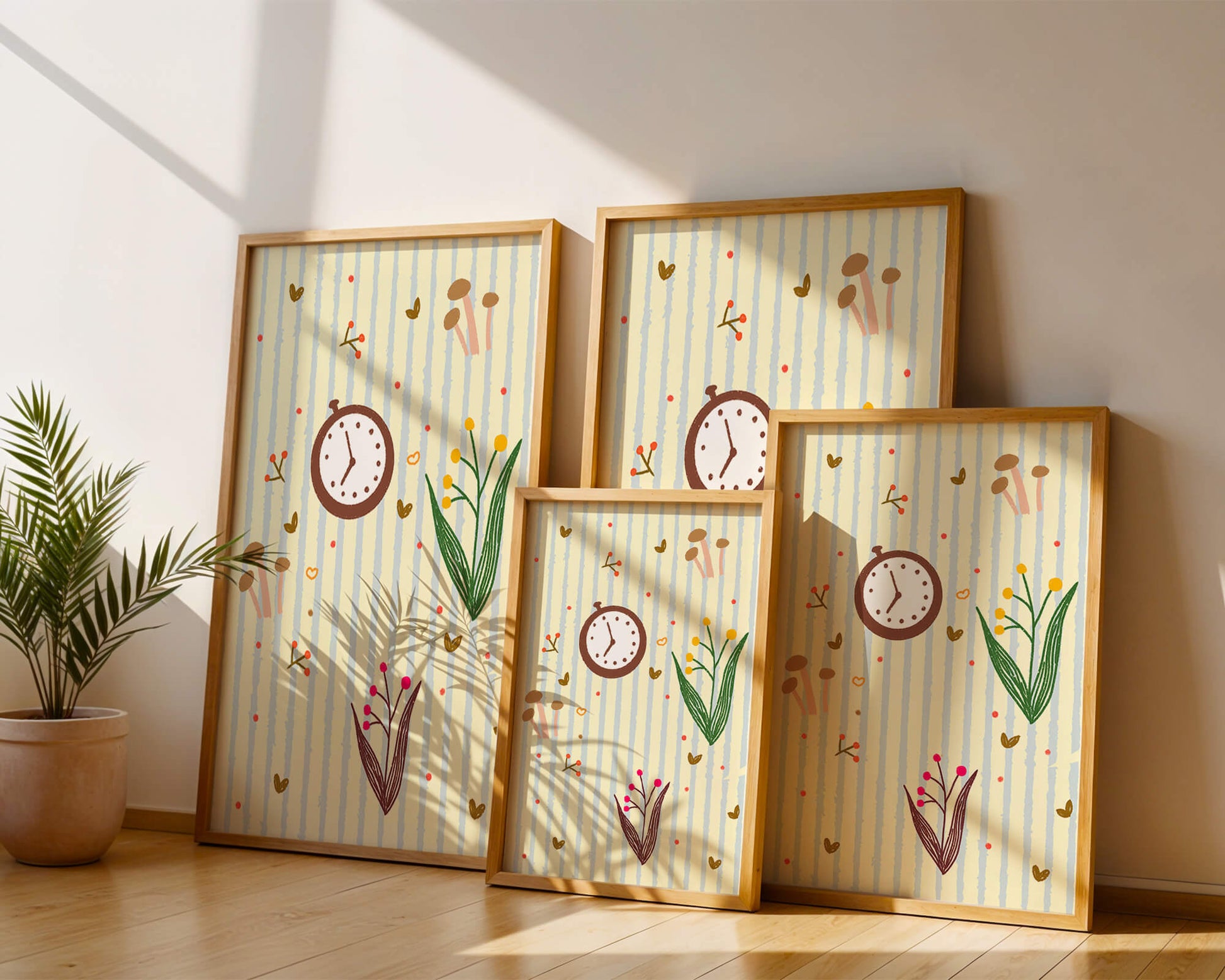 Whimsical pattern with clock, mushrooms, and florals on striped background