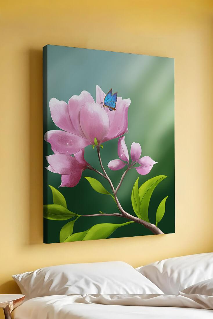 Delicate pink flower with a vibrant blue butterfly in a serene garden setting