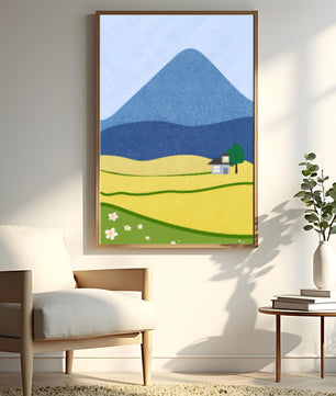 Serene Countryside Landscape with Mountain and Flowers
