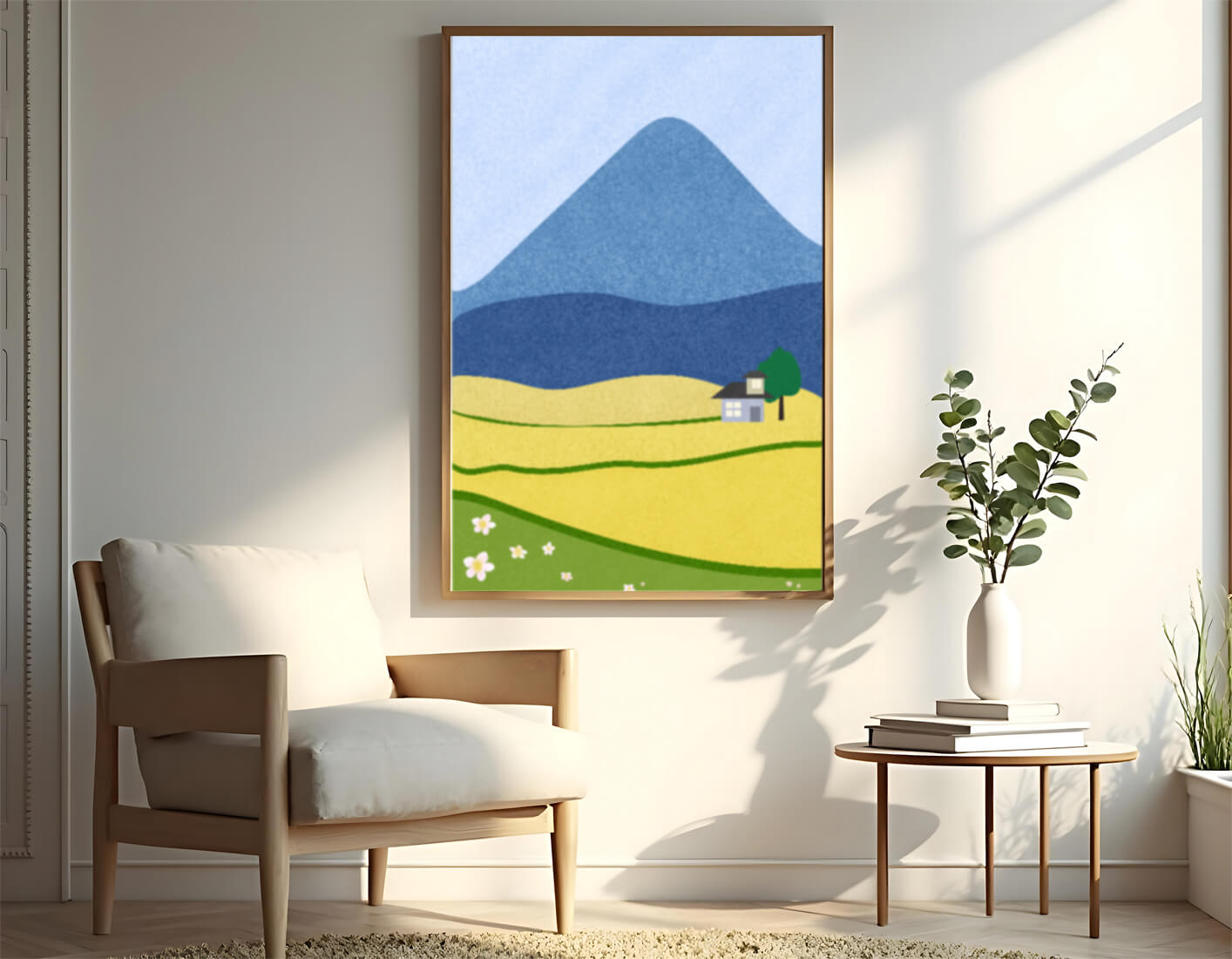 Serene Countryside Landscape with Mountain and Flowers