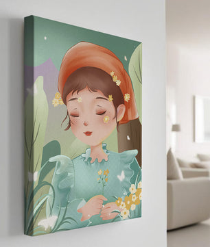 Ilustración serena de una chica en la naturaleza con flores y mariposas