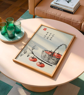 Traditional Asian art print of persimmons in a wicker basket