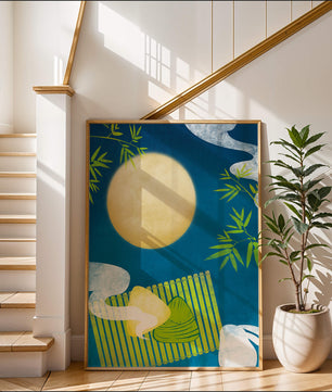 Moonlit night with bamboo and dumplings on a mat