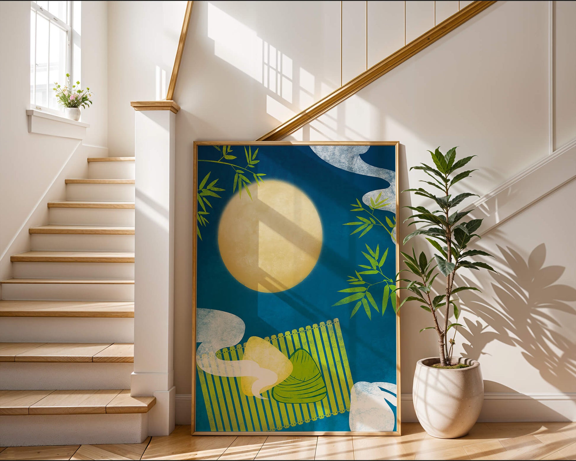 Moonlit night with bamboo and dumplings on a mat