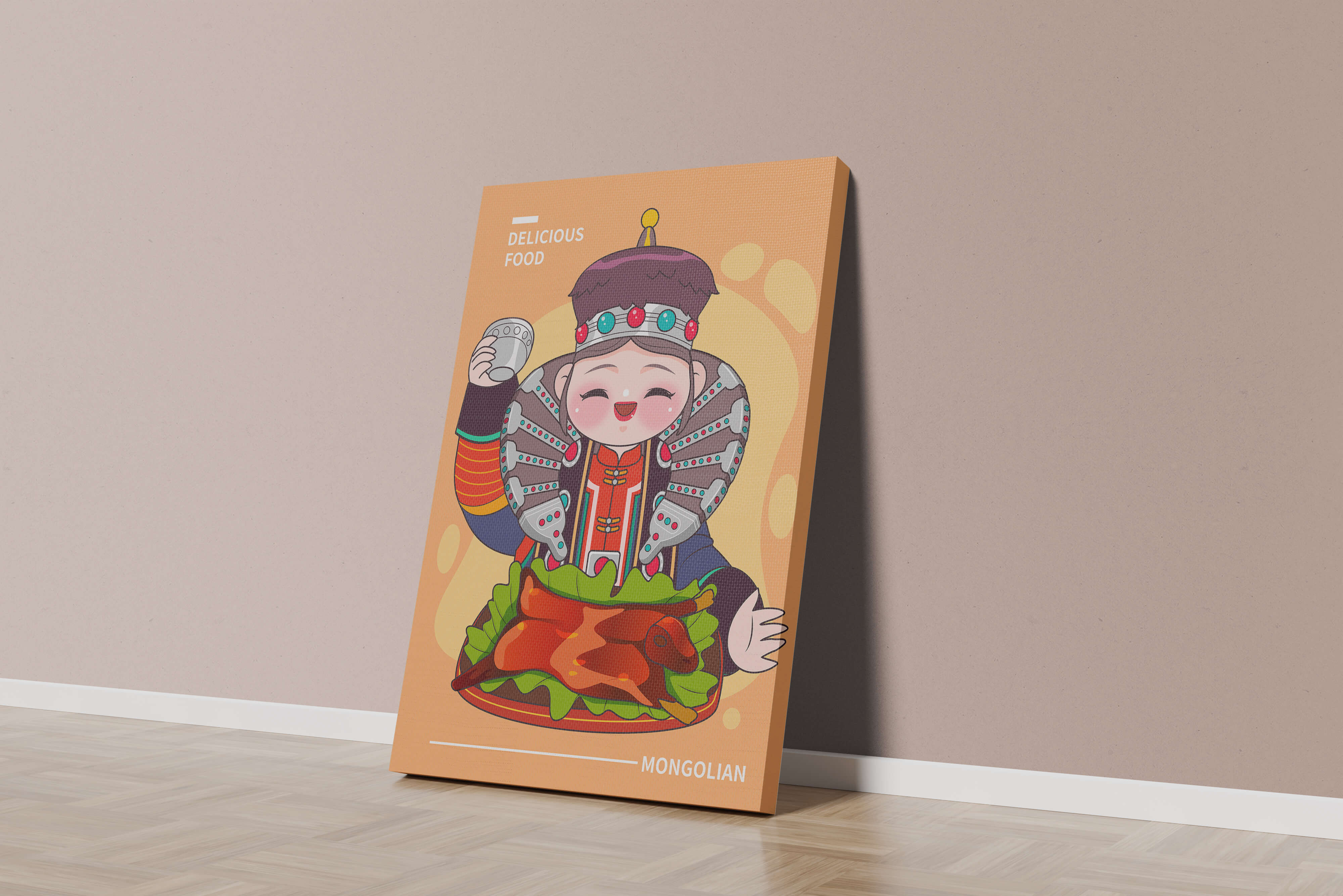Cartoon character in traditional Mongolian attire with food