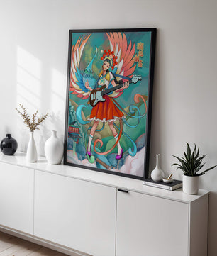 Fusión colorida de arte tradicional y moderno con un músico como protagonista
