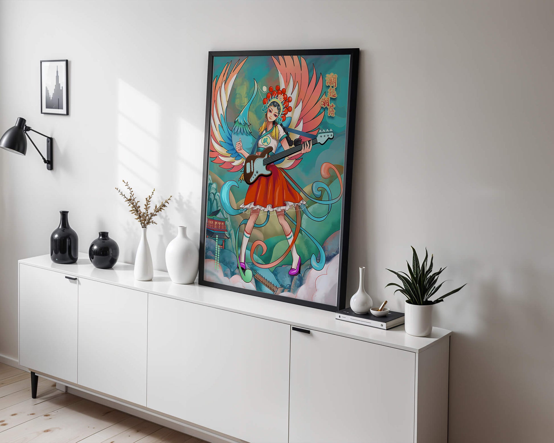 Colorful fusion of traditional and modern art featuring a musician