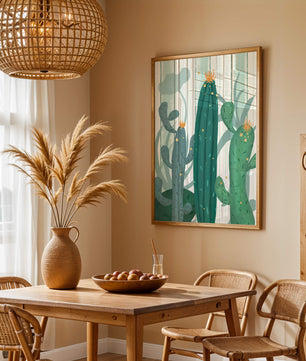 Colorful Cacti with Golden Elements on a Textured Background