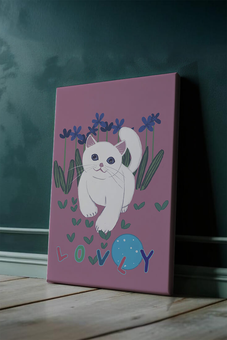 Charming illustration of a white cat in a floral field with playful text