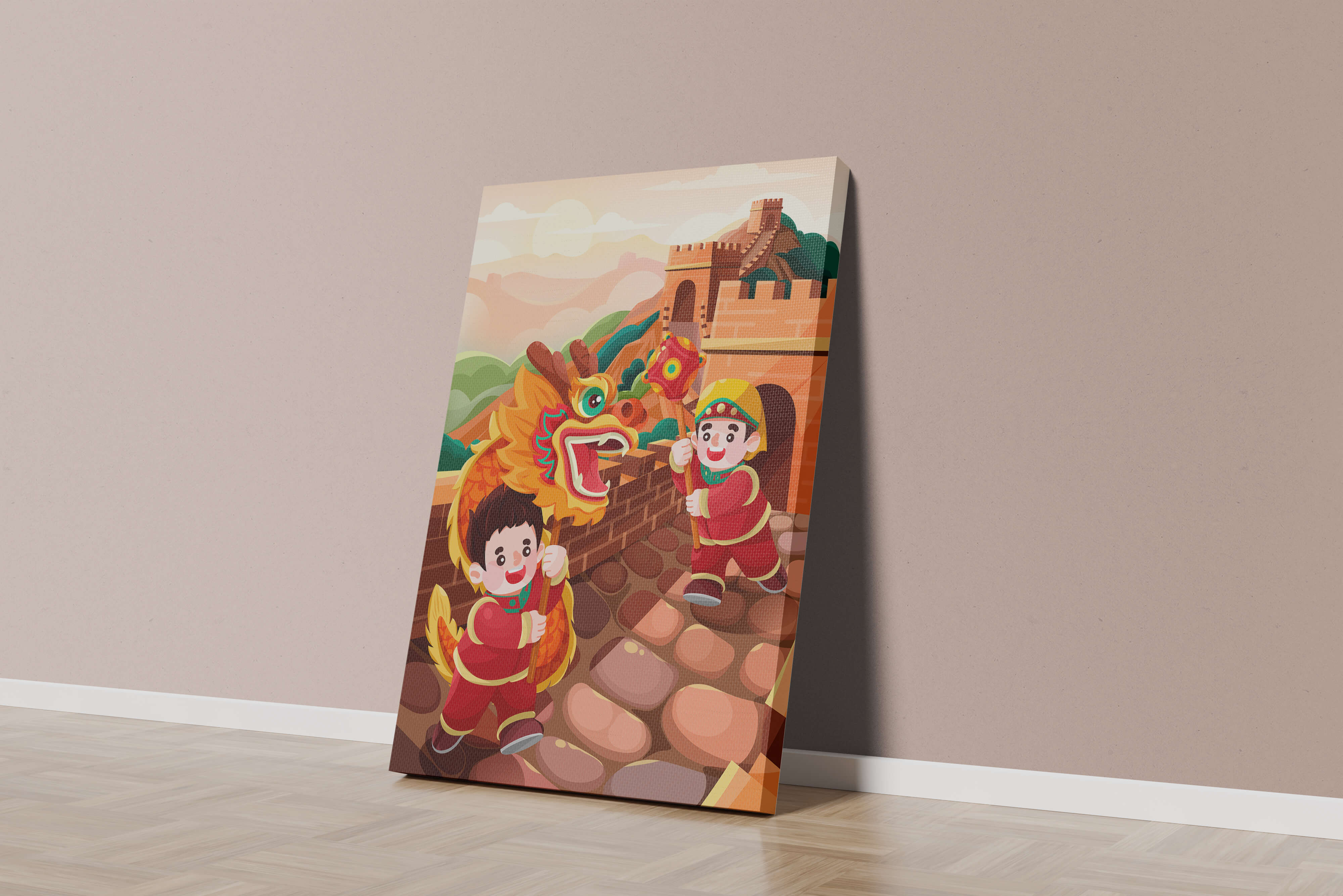 Children celebrating with dragon dance at the Great Wall