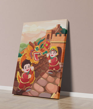 Children celebrating with dragon dance at the Great Wall