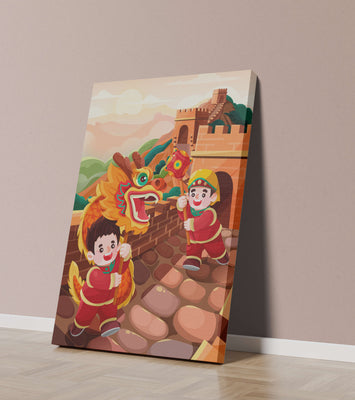 Children celebrating with dragon dance at the Great Wall