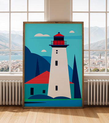 Modern illustration of a lighthouse with vibrant colors