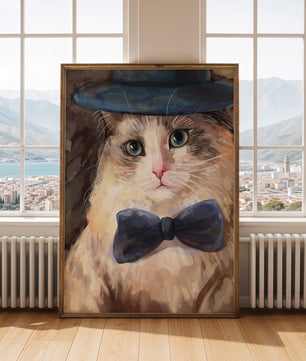 Gato encantador con traje formal, sombrero y corbata de moño