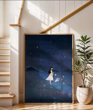 Niña en vestido blanco mirando al cielo estrellado