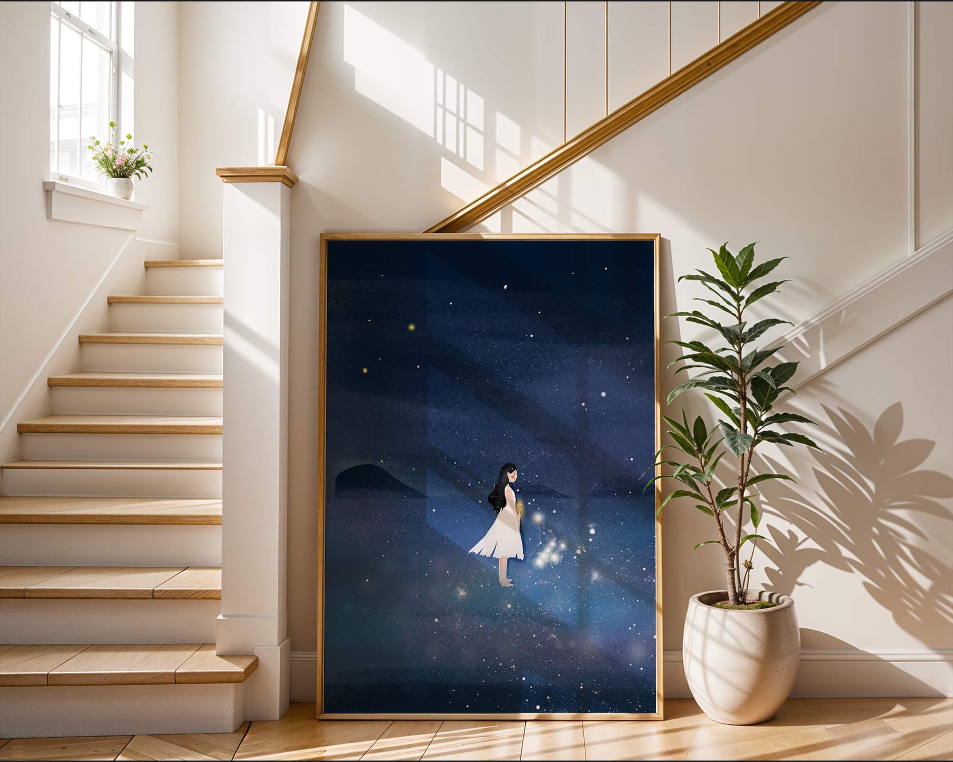 Girl in White Dress Gazing at Starry Night Sky