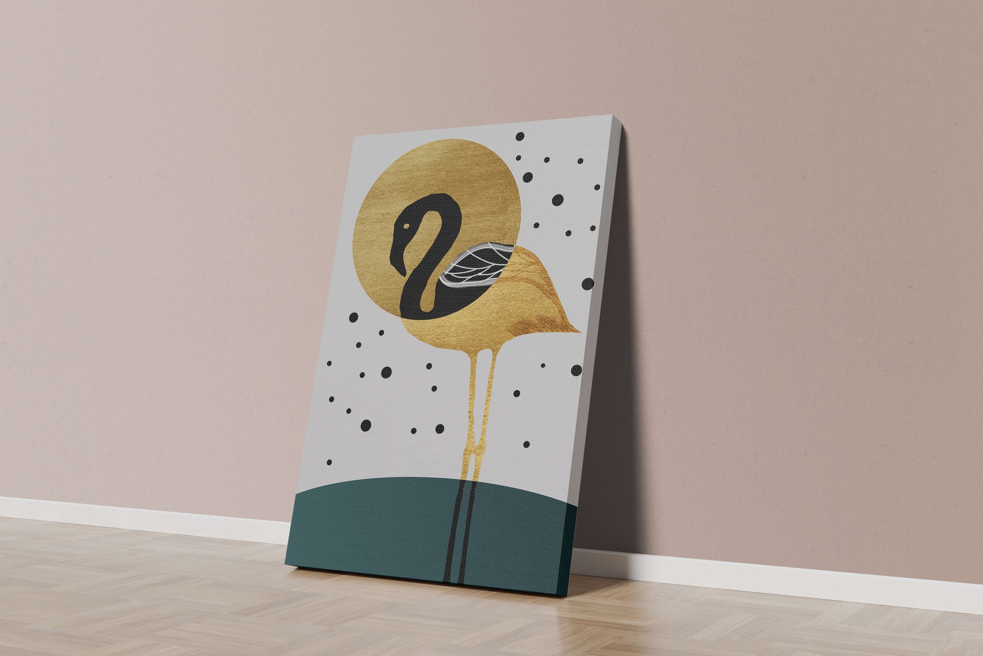 Elegante ilustración de flamenco dorado y negro con elementos de puntos abstractos