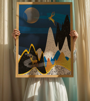 Abstract Landscape with Golden Deer and Surreal Moon